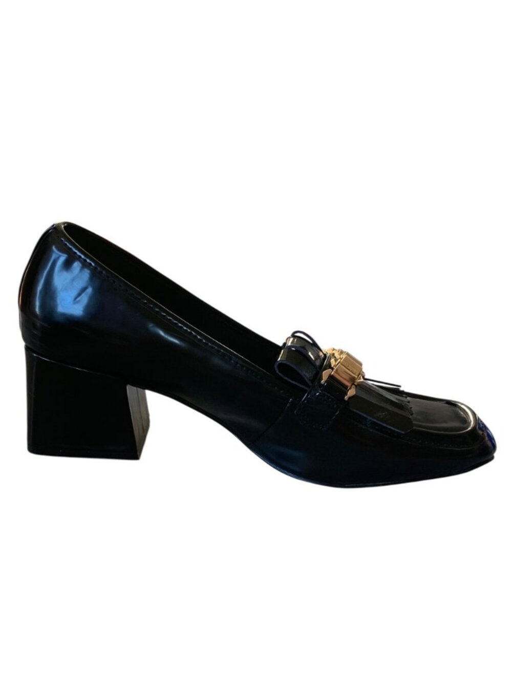 ASOS DESIGN Black Faux Patent Leather Spencer Mid-Heeled Chain Loafers Size 10 - Picture 4 of 9